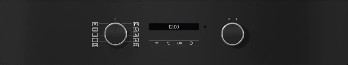 Czarny panel sterowania piekarnika z pokrętłami i wyświetlaczem. Pokazuje 12:00 i ikony.
