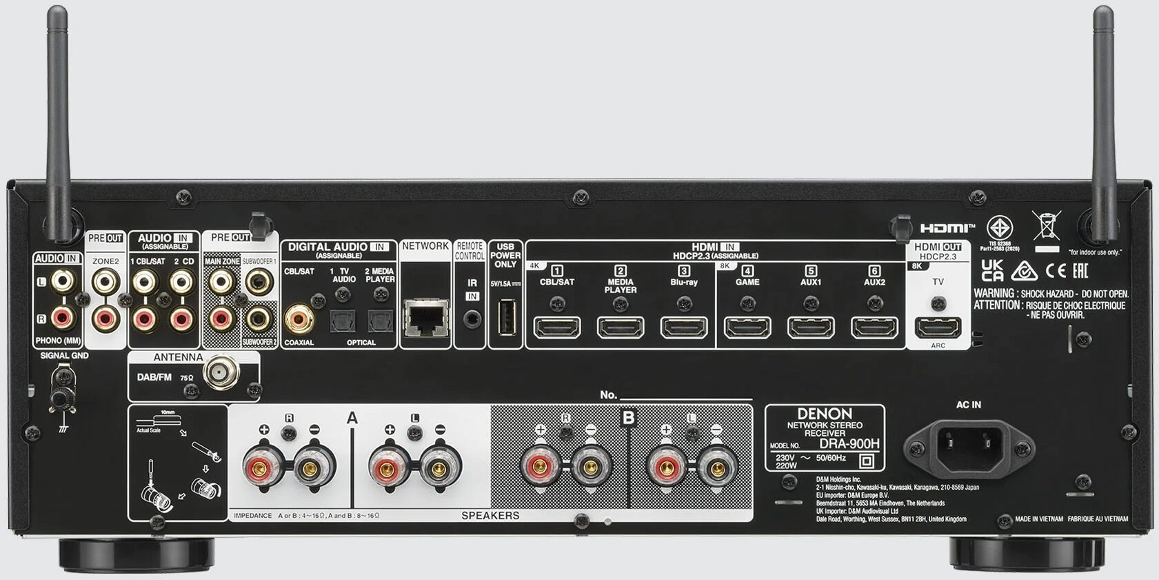 Tył odbiornika Denon, ze złączami i anteną.