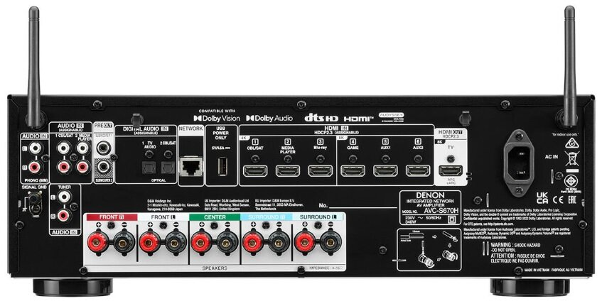 Widok z tyłu czarnego odbiornika Denon z wieloma portami i złączami. Widoczne są dwie anteny.