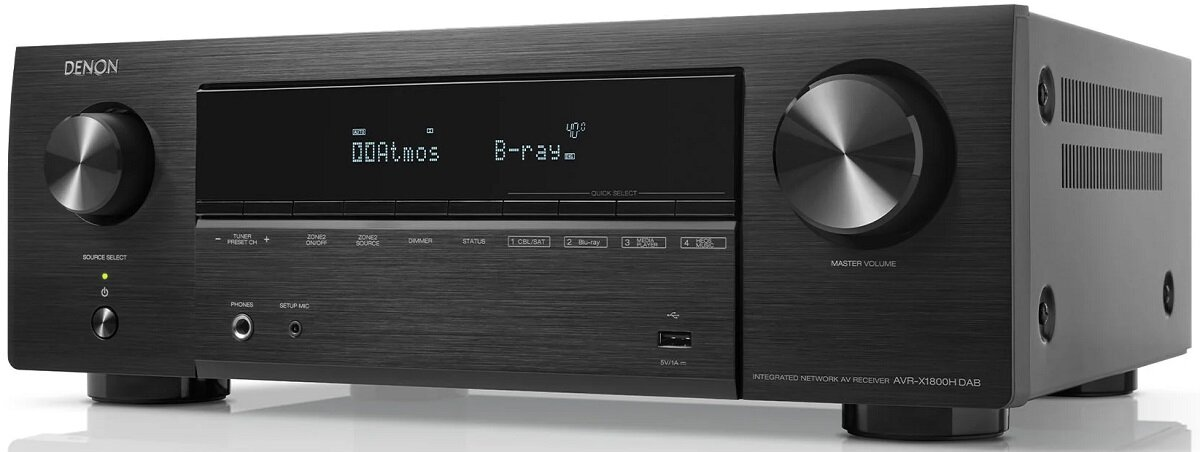 Czarny odbiornik Denon z pokrętłami i przyciskami. Wyświetla 'B-ray' na ekranie.