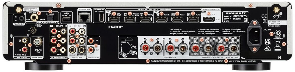 Tył odbiornika stereo Marantz z połączeniami.