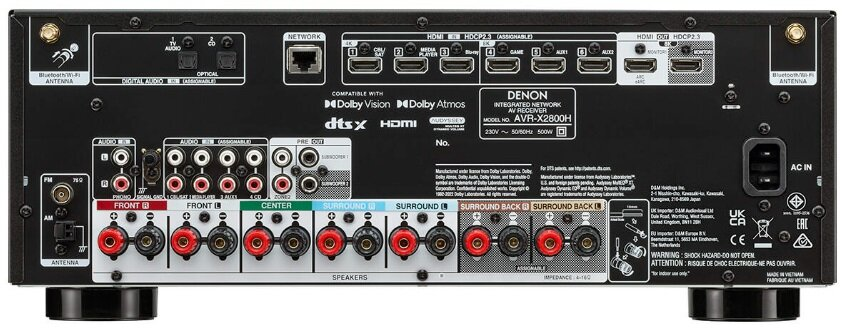 Panel tylny czarnego odbiornika AV. Posiada wiele portów i połączeń dla urządzeń audio/wideo.