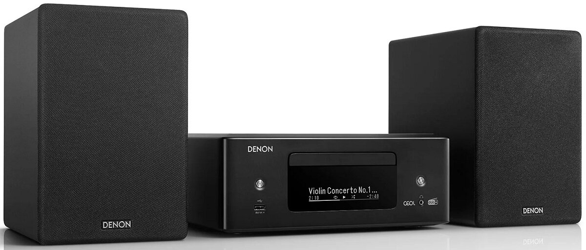 Czarny system stereo z dwoma głośnikami i jednostką centralną. Wyświetlacz pokazuje informacje o muzyce.