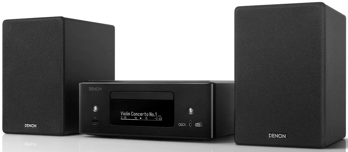 Czarny system stereo. Dwa głośniki i jednostka centralna. Odtwarzacz CD.