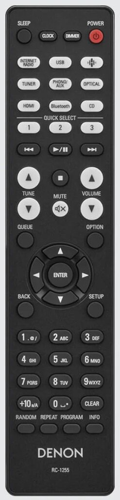 Czarny pilot Denon. Ma wiele przycisków do różnych funkcji.
