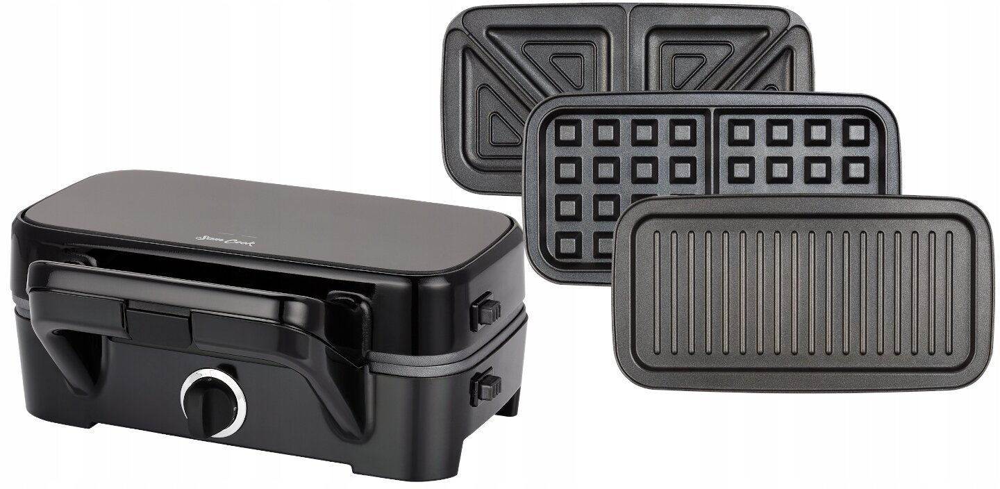 Czarny opiekacz do kanapek z wymiennymi płytkami. Płytki do gofrów i grillowania.