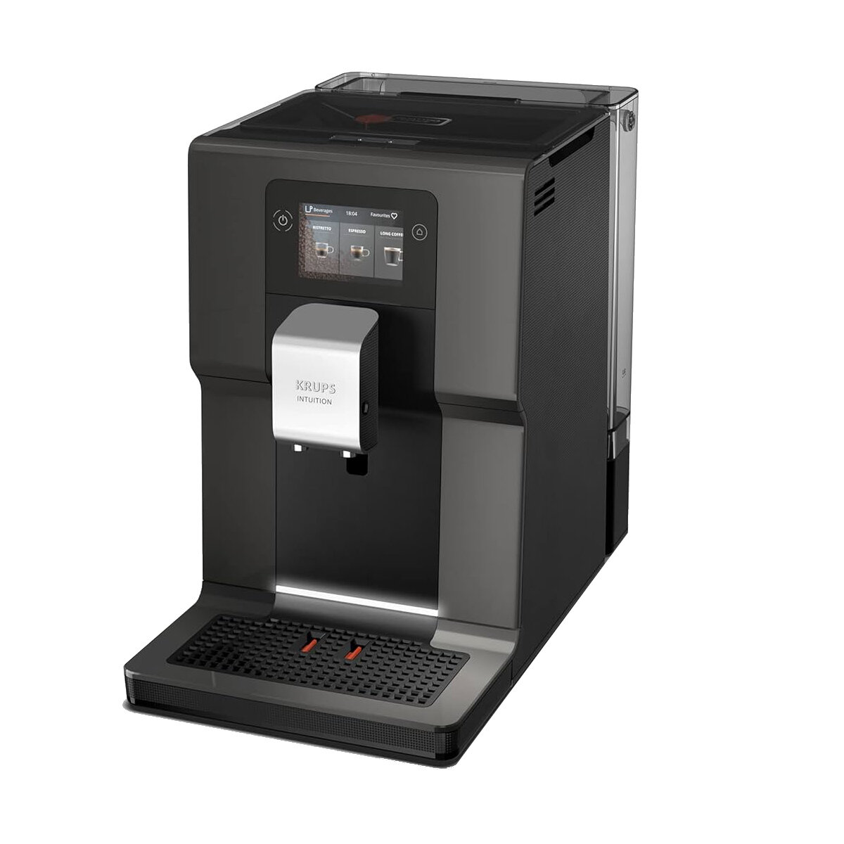Czarny ekspres do kawy Krups Intuition z ekranem dotykowym i zbiornikiem na wodę.