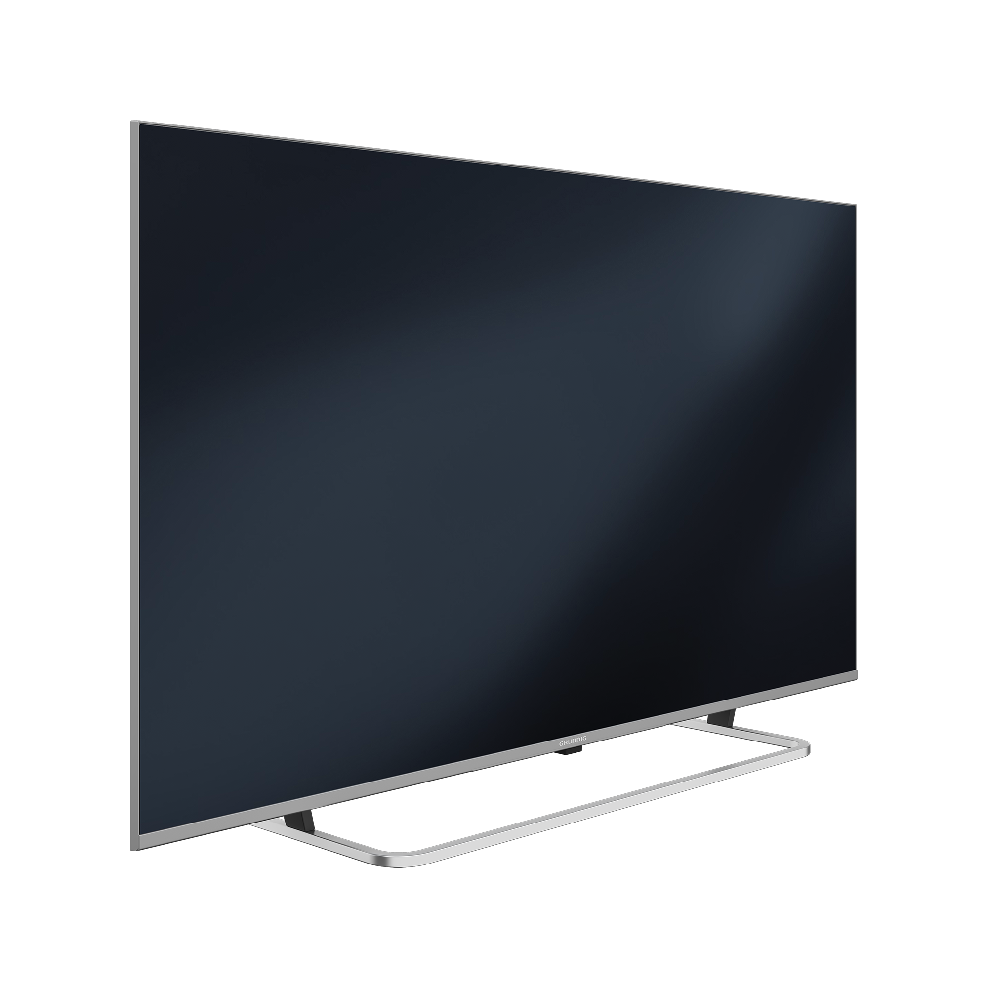 Gümüş çerçeveli büyük siyah TV ekranı, siyah bir arka plan üzerinde.