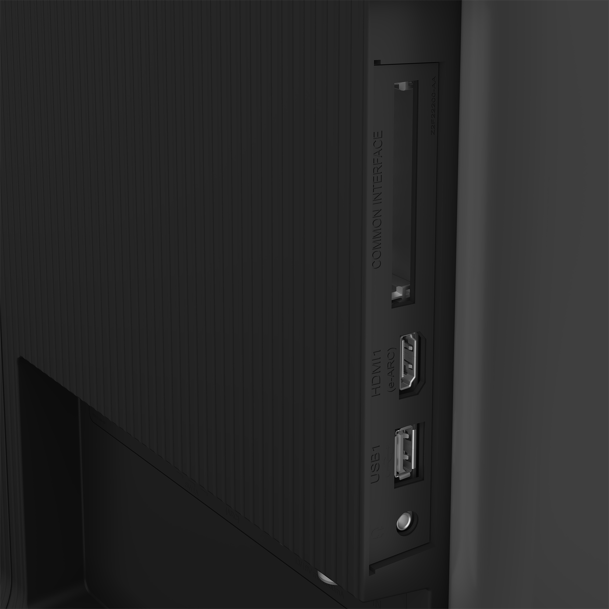 USB, HDMI ve ortak arayüz bağlantı noktalarına sahip siyah monitör tarafı.