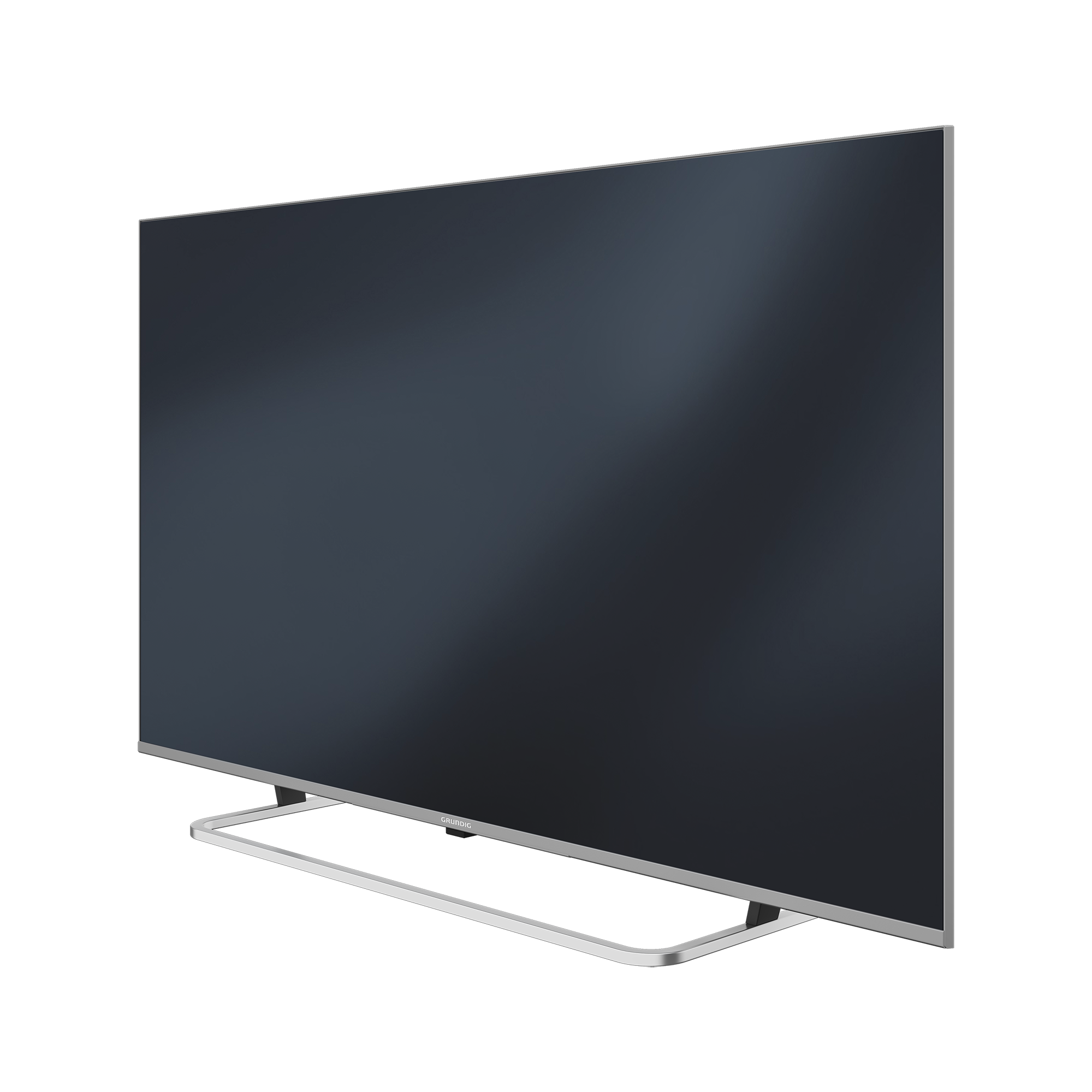 Siyah zemin üzerinde, gümüş tabanlı büyük, siyah düz ekran TV.