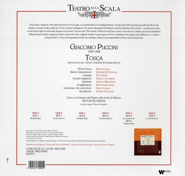A 'Tosca' opera album borítója, szöveggel, szereplőkkel és a Teatro alla Scala márkajelzéssel.