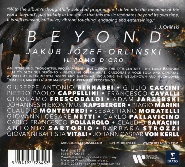 Az 'Beyond' album borítója, Jakub Józef Orlińskitól. Szöveget, kéz-képet és névlistát tartalmaz. Sötét háttér.