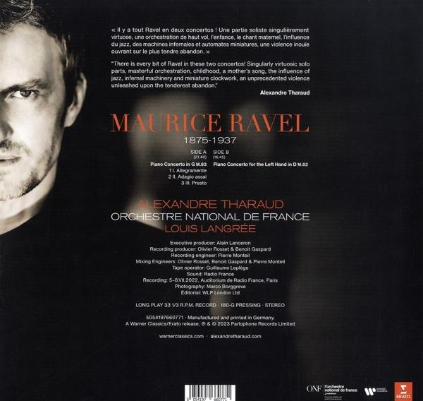 Rückseite eines Albums von Maurice Ravel, mit Porträt und Albumdetails. Text in Schwarz und Weiß.