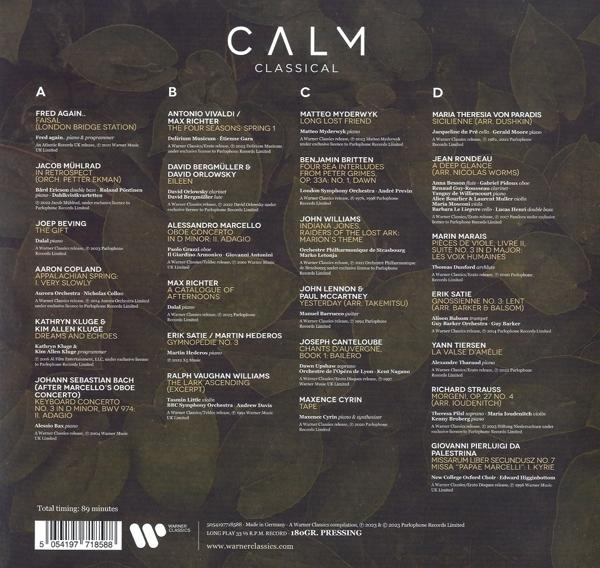 Calm Classical Albumcover. Es zeigt Titellisten und das Warner Classics Logo.