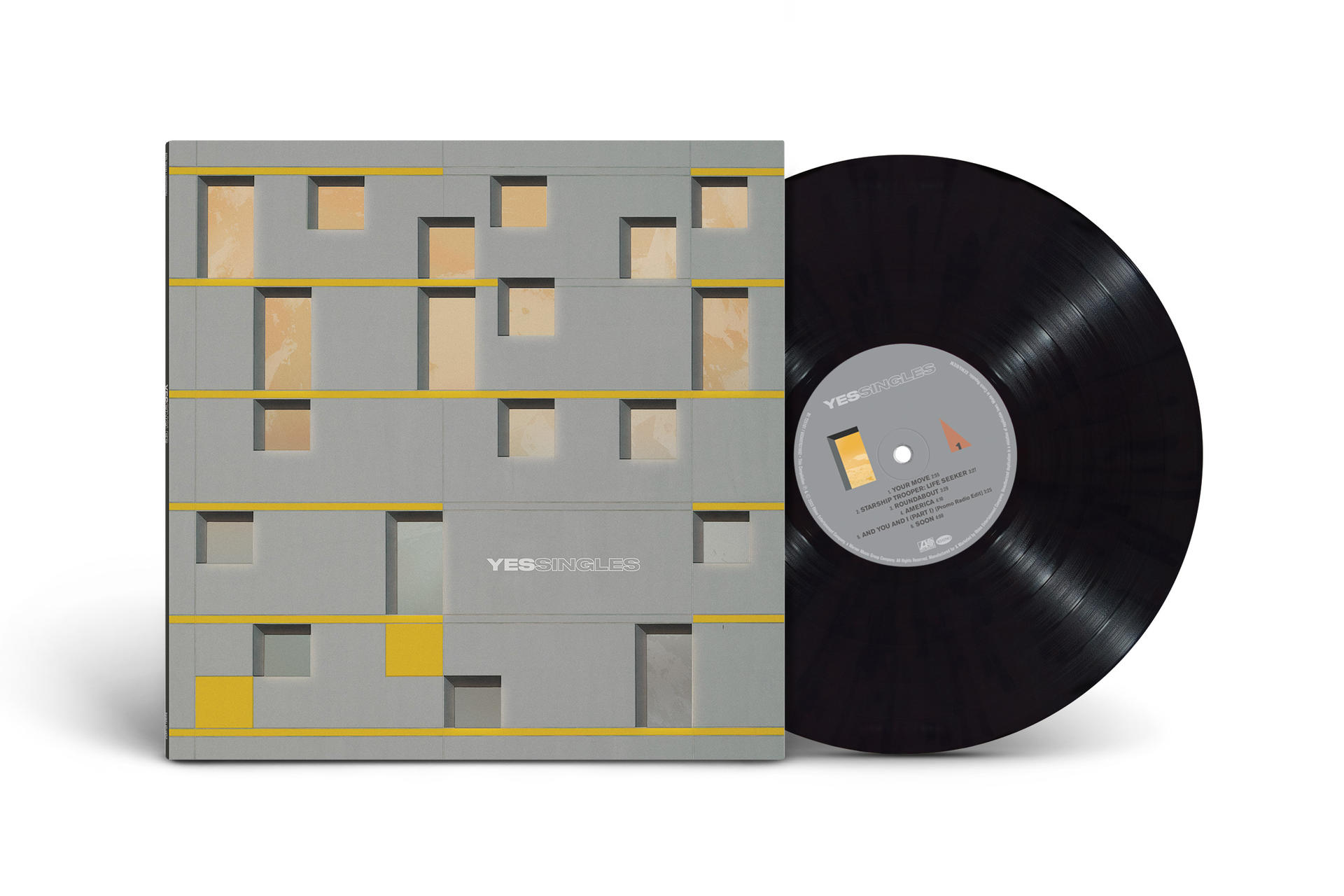 YES Singles Albumcover mit grauer Fassade und gelben Akzenten und Schallplatte.