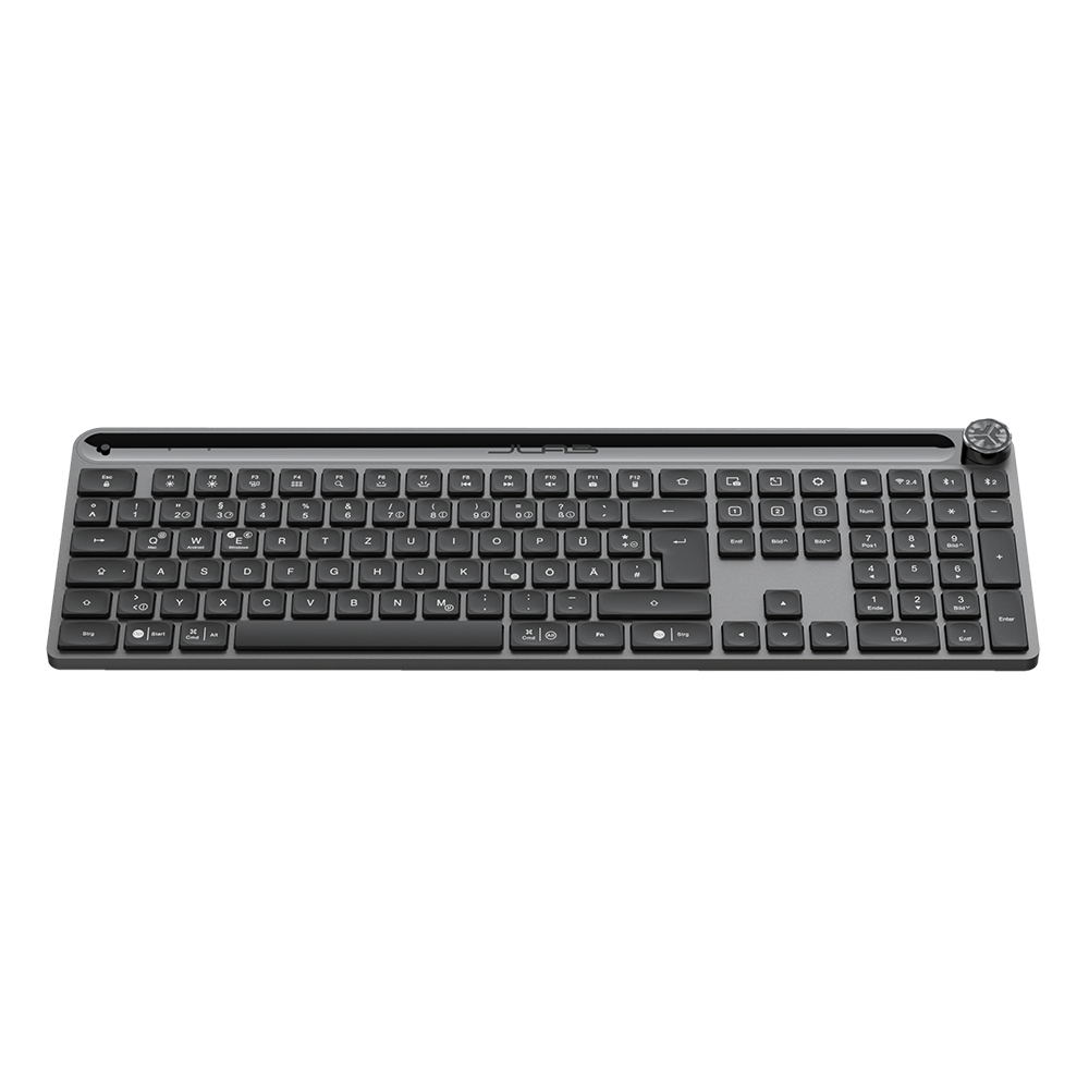 Eine dunkelgraue Tastatur. Sie hat einen kleinen Drehregler oben rechts.