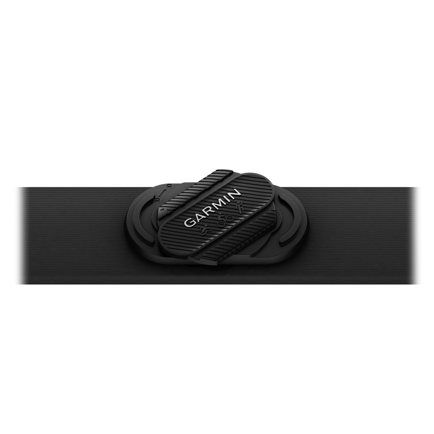 Een zwarte Garmin hartslagmeterband. Het Garmin-logo is zichtbaar op de band.