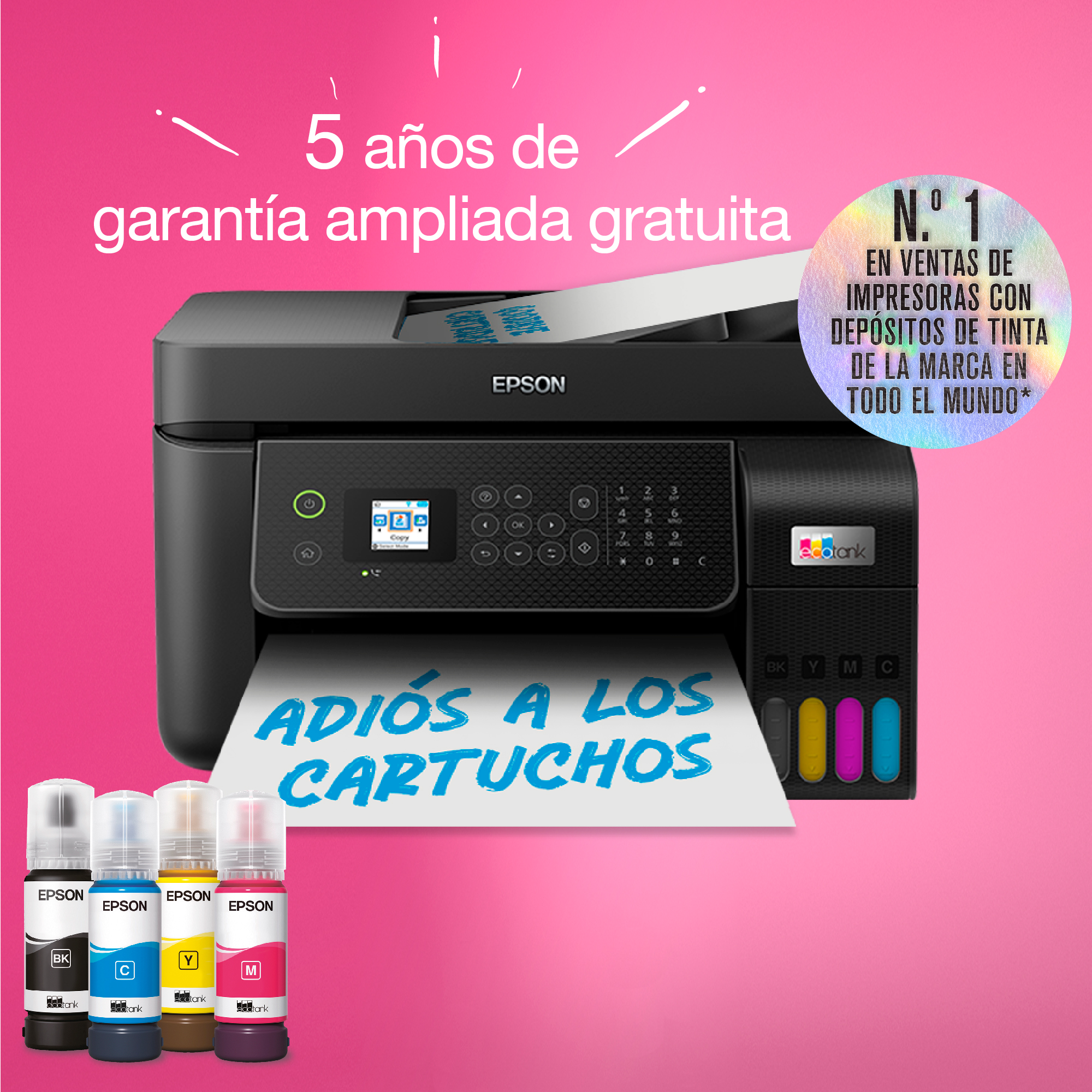 Impresora Epson con botellas de tinta. Texto: Adios a los cartuchos. 5 años de garantía. Nº 1 en ventas.