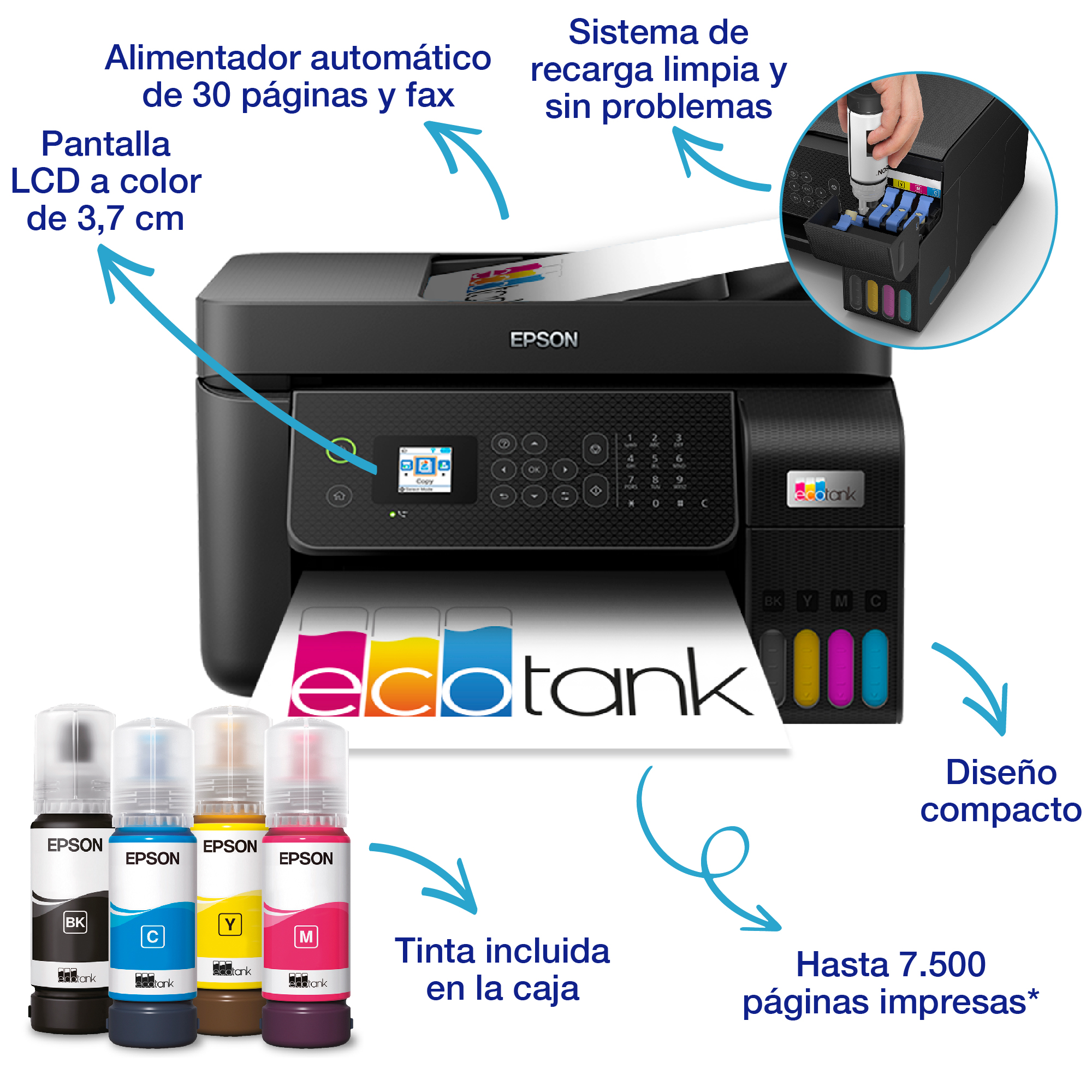 Impresora Epson EcoTank. Tiene depósitos de tinta, un panel de control y una bandeja de salida.