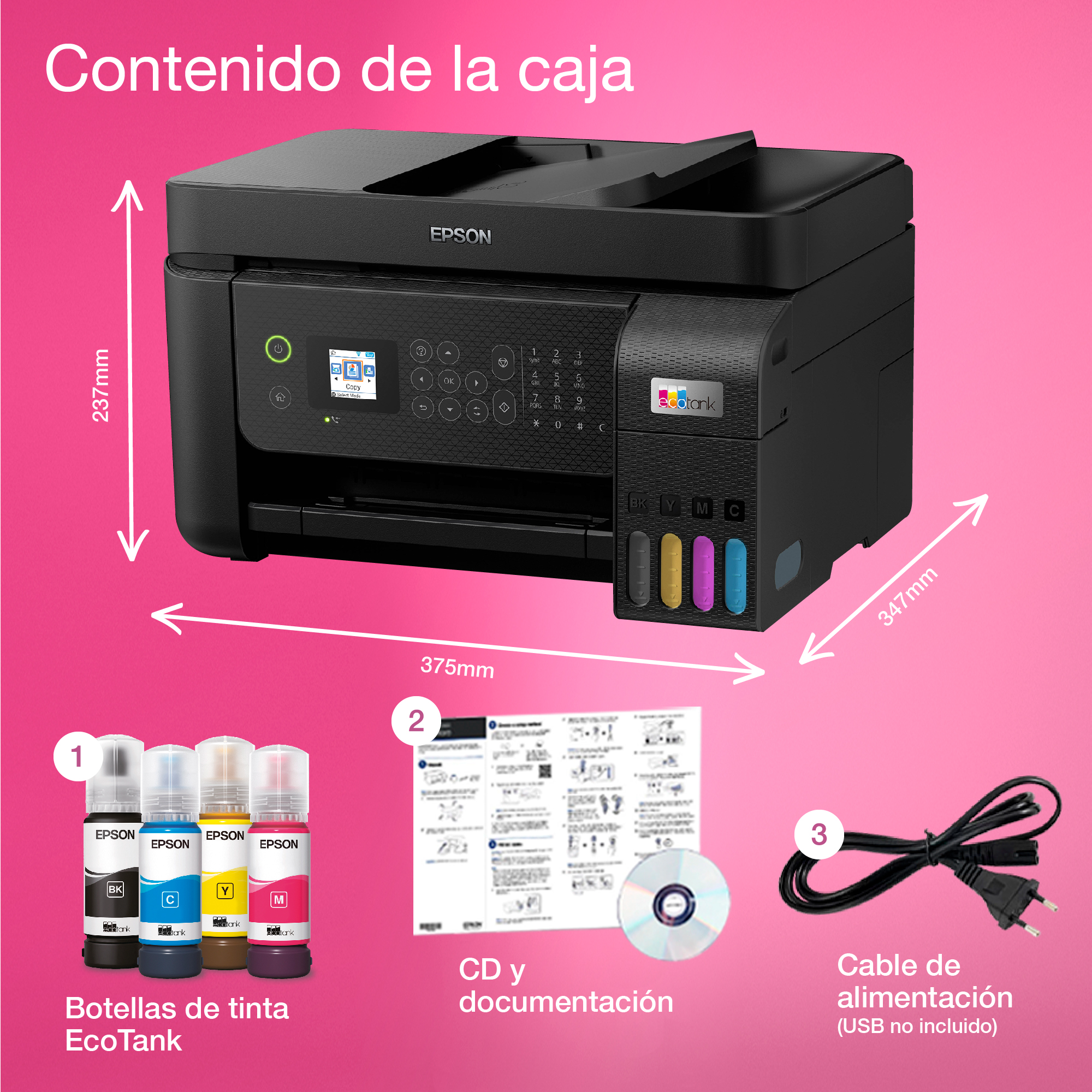 Impresora Epson con botellas de tinta, CD y cable de alimentación. Texto en español.