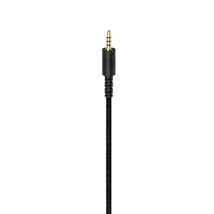 Ein schwarzes 3,5-mm-Audio-Kabel mit einem geflochtenen schwarzen Kabel.