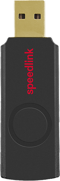 Schwarzer USB-Dongle mit Goldstecker. Das Wort 'speedlink' steht rot auf der Vorderseite.