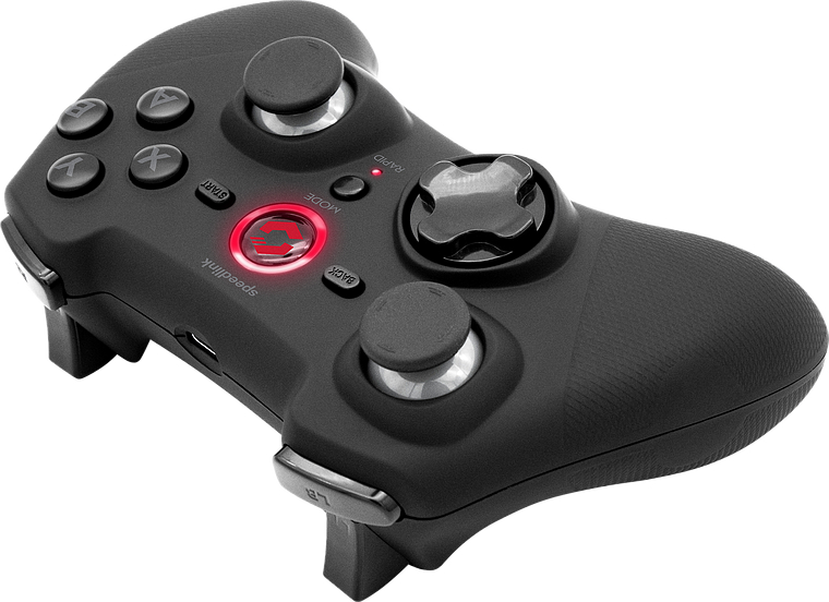 Schwarzes Speedlink-Gamepad mit Tasten, Joysticks und einem rot leuchtenden Zentrum.