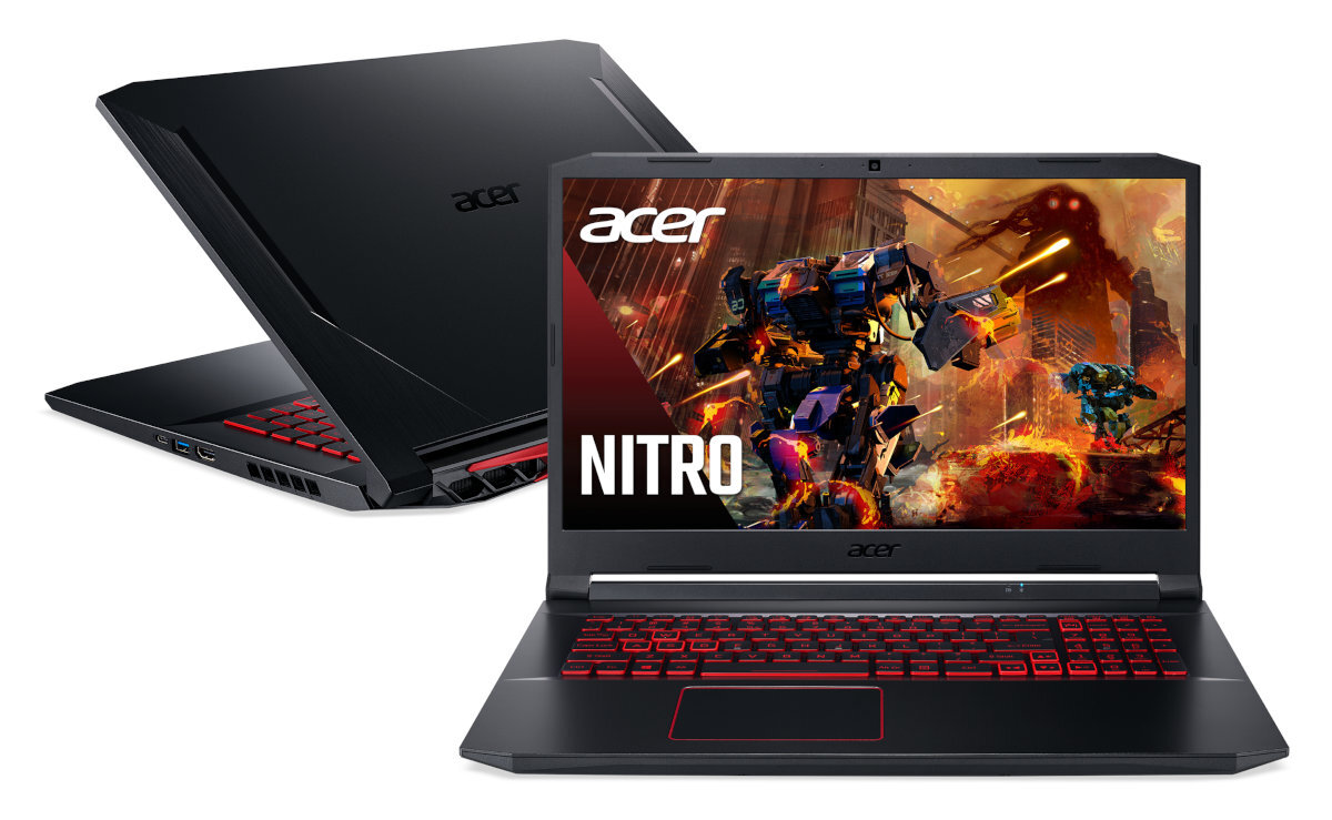 Czarny laptop Acer Nitro, pokazujący scenę z gry na ekranie i widok z boku.