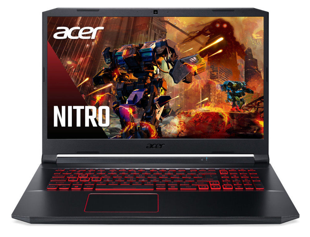 Laptop Acer Nitro pokazujący scenę z gry wideo. Czarna i czerwona klawiatura. Wyświetlający logo Acer.