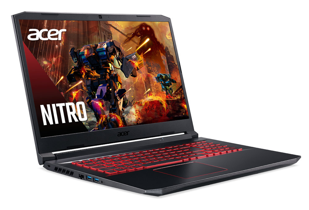 Laptop Acer Nitro gaming, otwarty, pokazujący scenę z gry z robotem i eksplozjami.
