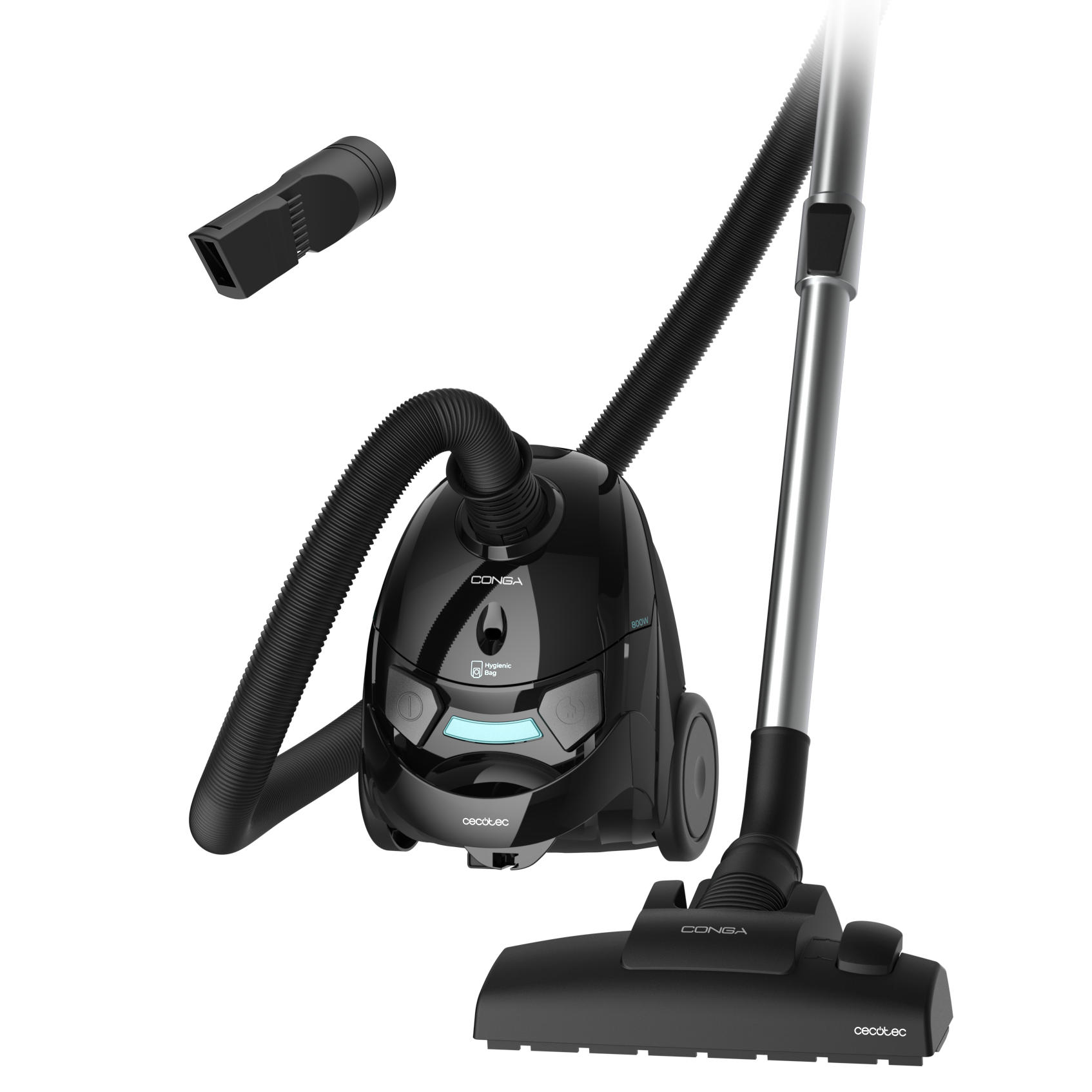 Aspiradora Cecotec negra con accesorios. Incluye manguera, boquilla y varios accesorios.