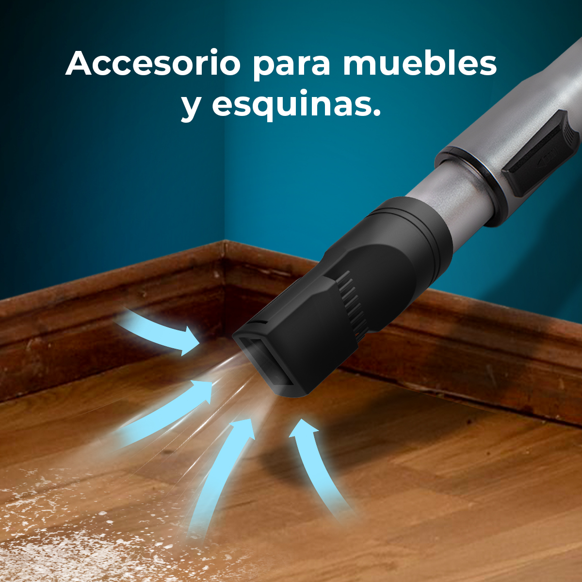Accesorio de aspiradora limpiando un piso de madera, flechas azules indican flujo de aire, texto arriba.