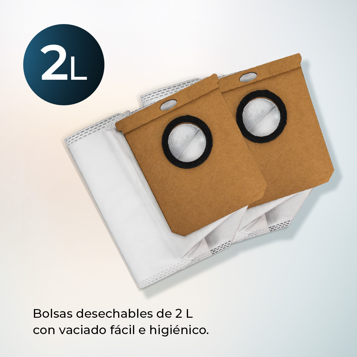 Dos bolsas marrones para aspiradora y un logotipo con texto 2L.