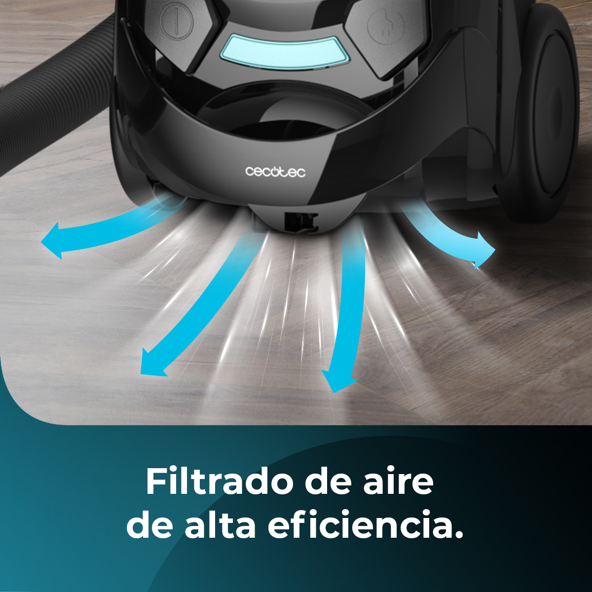 Una aspiradora negra con flechas azules que indican filtración de aire de alta eficiencia.