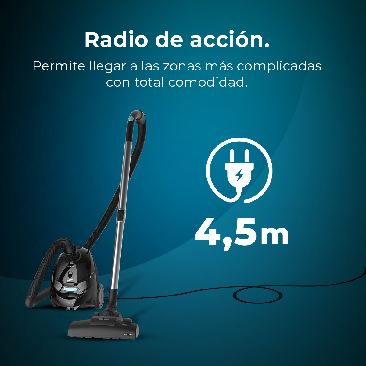 Aspiradora con un alcance de 4,5 m, mostrada con un diagrama de un enchufe.