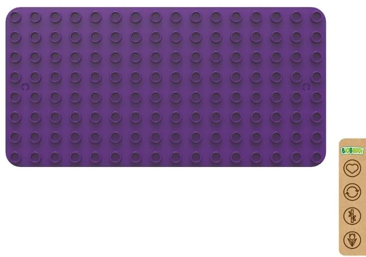 Lila Lego alaplap bütykökkel, a sarokban BioBuddy címkével.