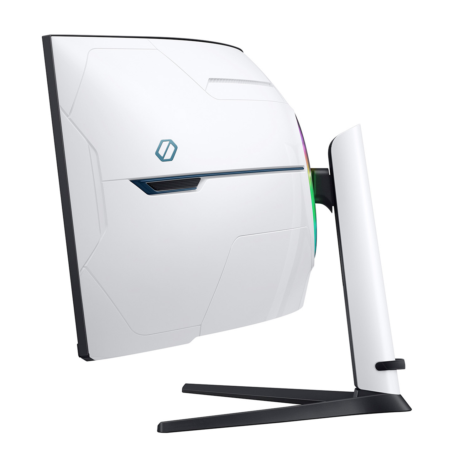 Monitor da gioco bianco, schermo curvo, vista laterale. Supporto nero, dettagli blu e verdi.