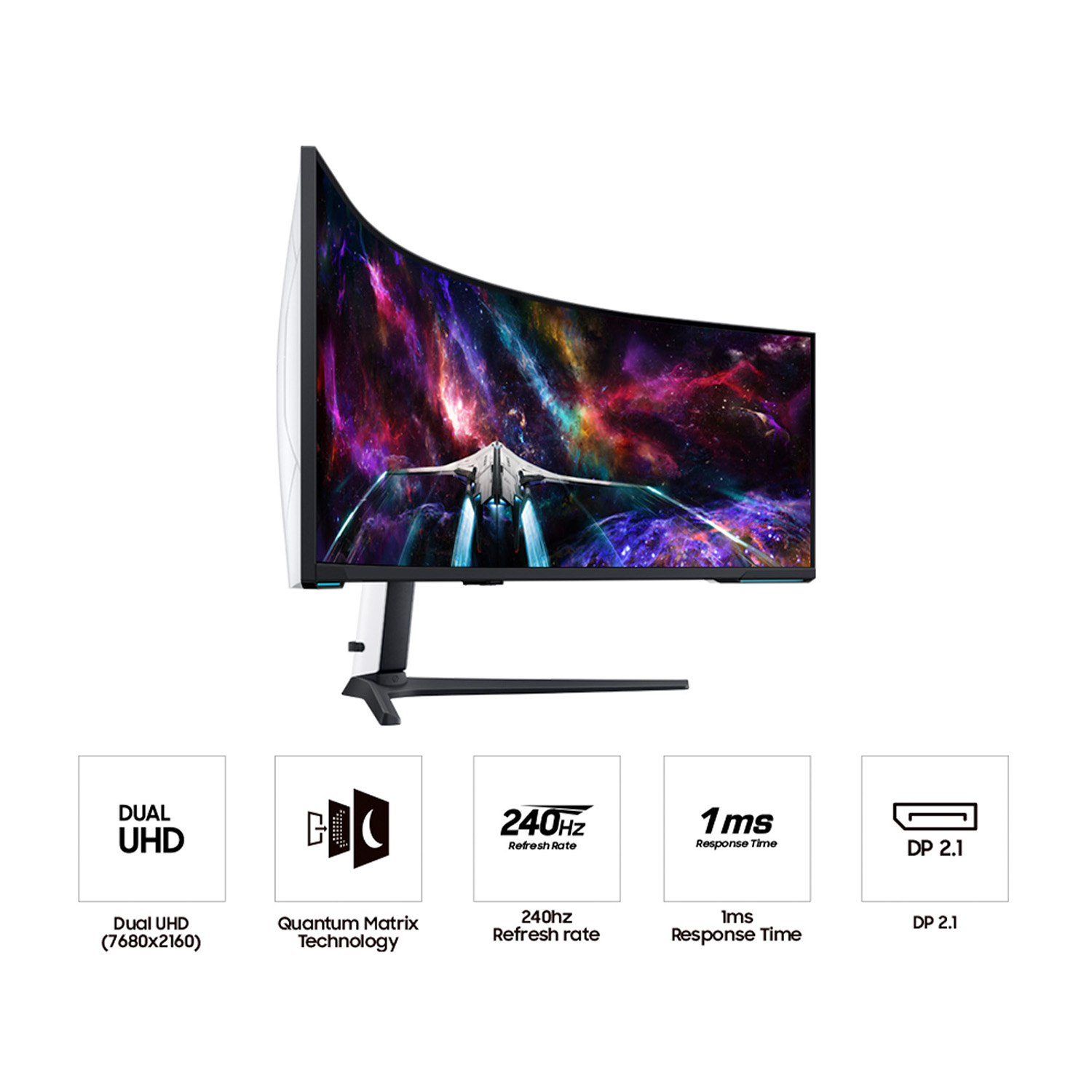 Monitor curvo che mostra una scena spaziale colorata, con icone per funzionalità come Dual UHD e 240Hz.