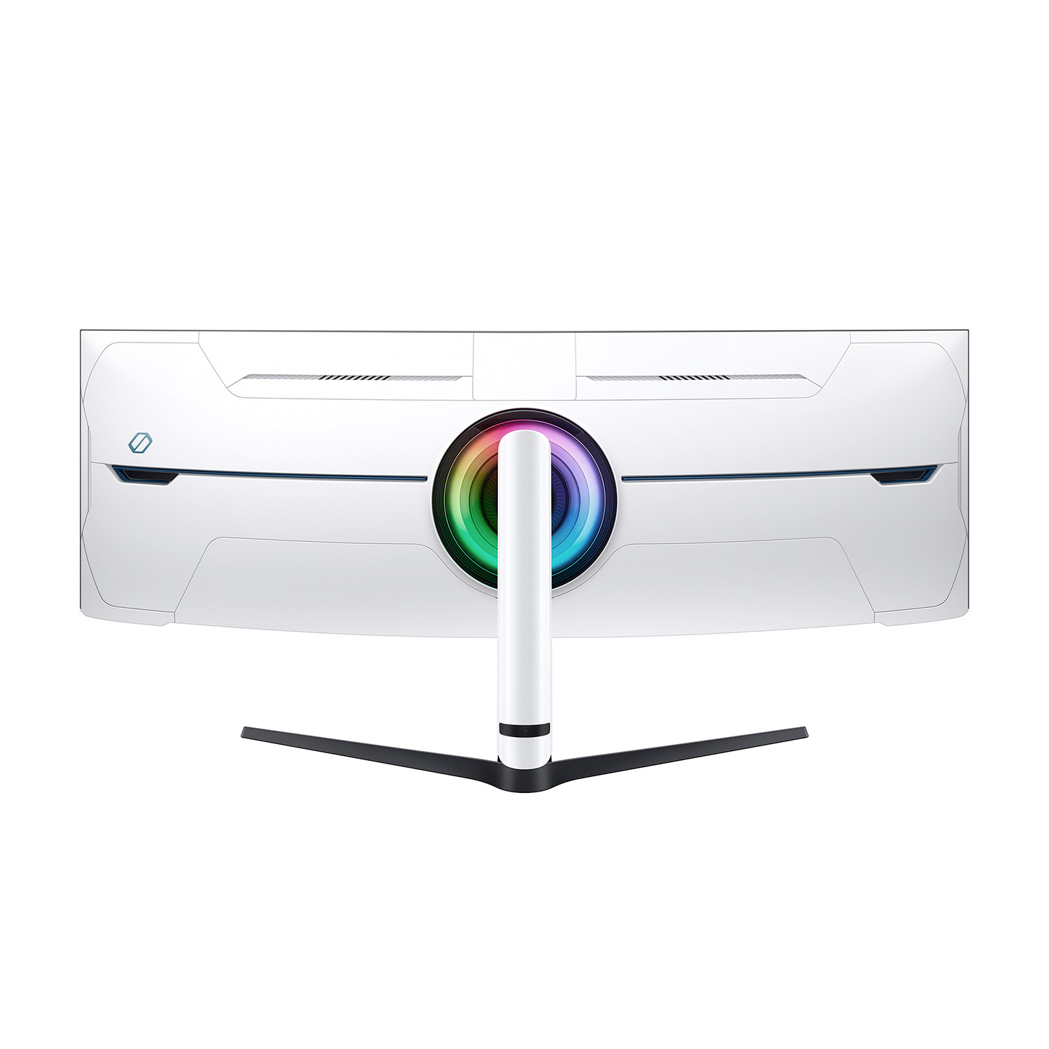 Retro monitor curvo bianco con anello multicolore e supporto bianco.