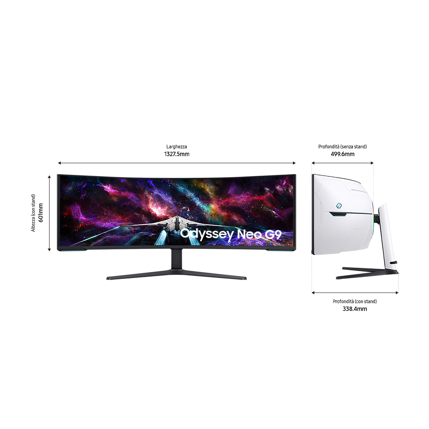 Monitor curvo con dimensioni e vista laterale con dettagli del supporto.