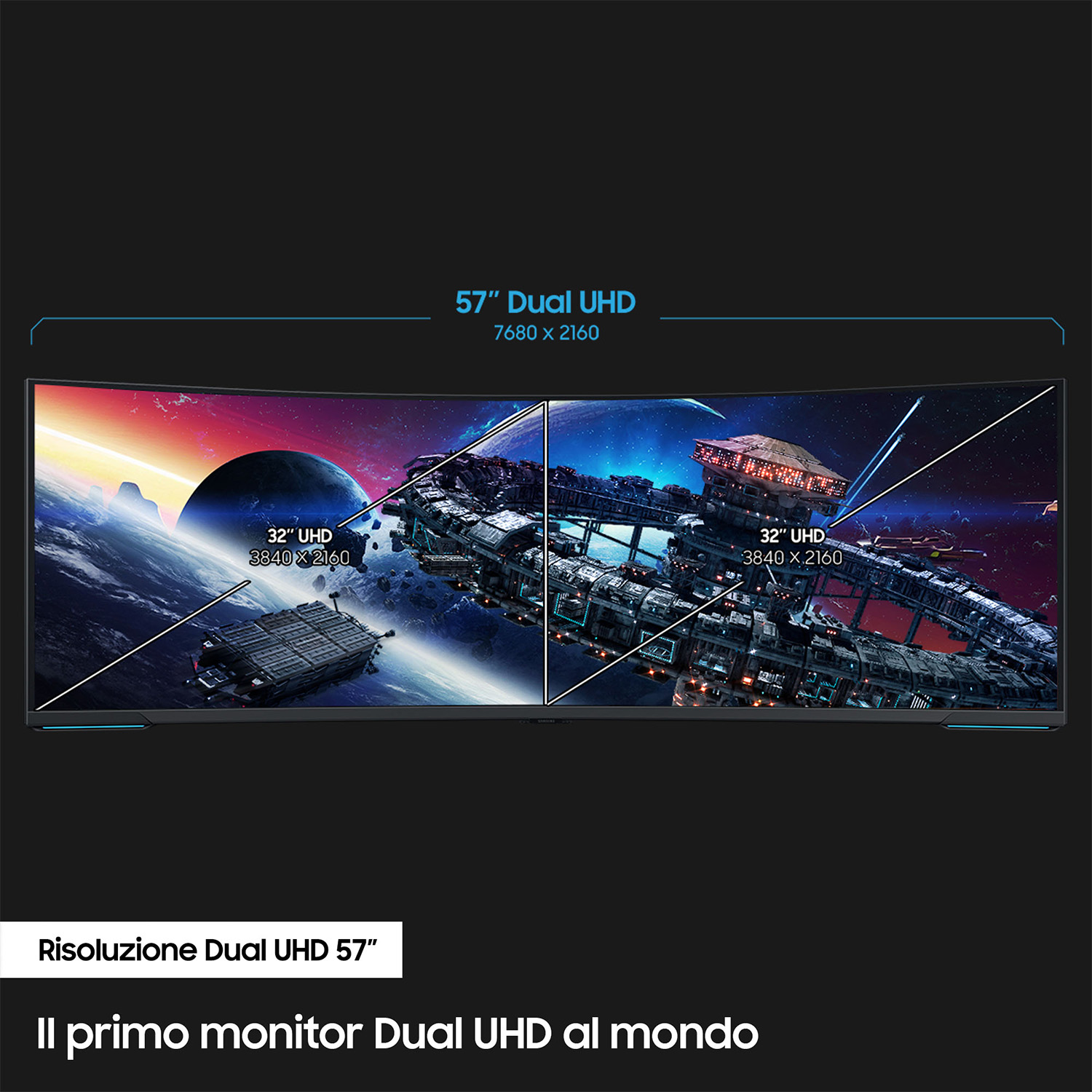 Monitor Dual UHD da 57" che mostra due display.