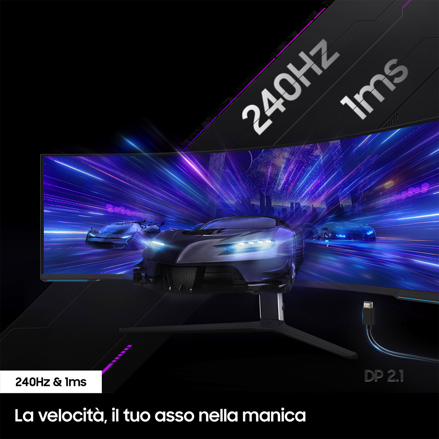 Un monitor curvo per il gaming con la scritta 240Hz e 1ms.
