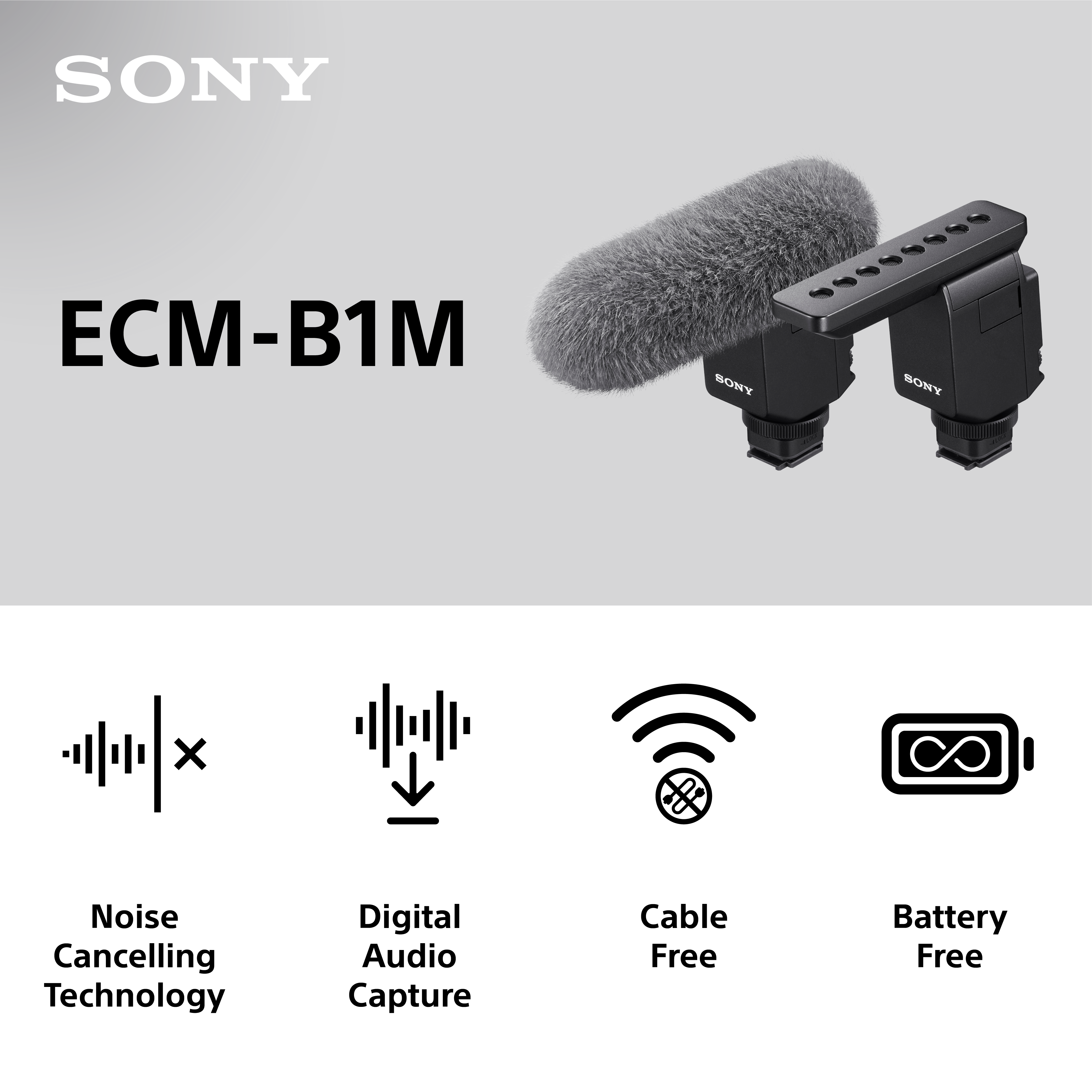 Microphone Sony ECM-B1M, avec un pare-vent et un adaptateur de griffe.