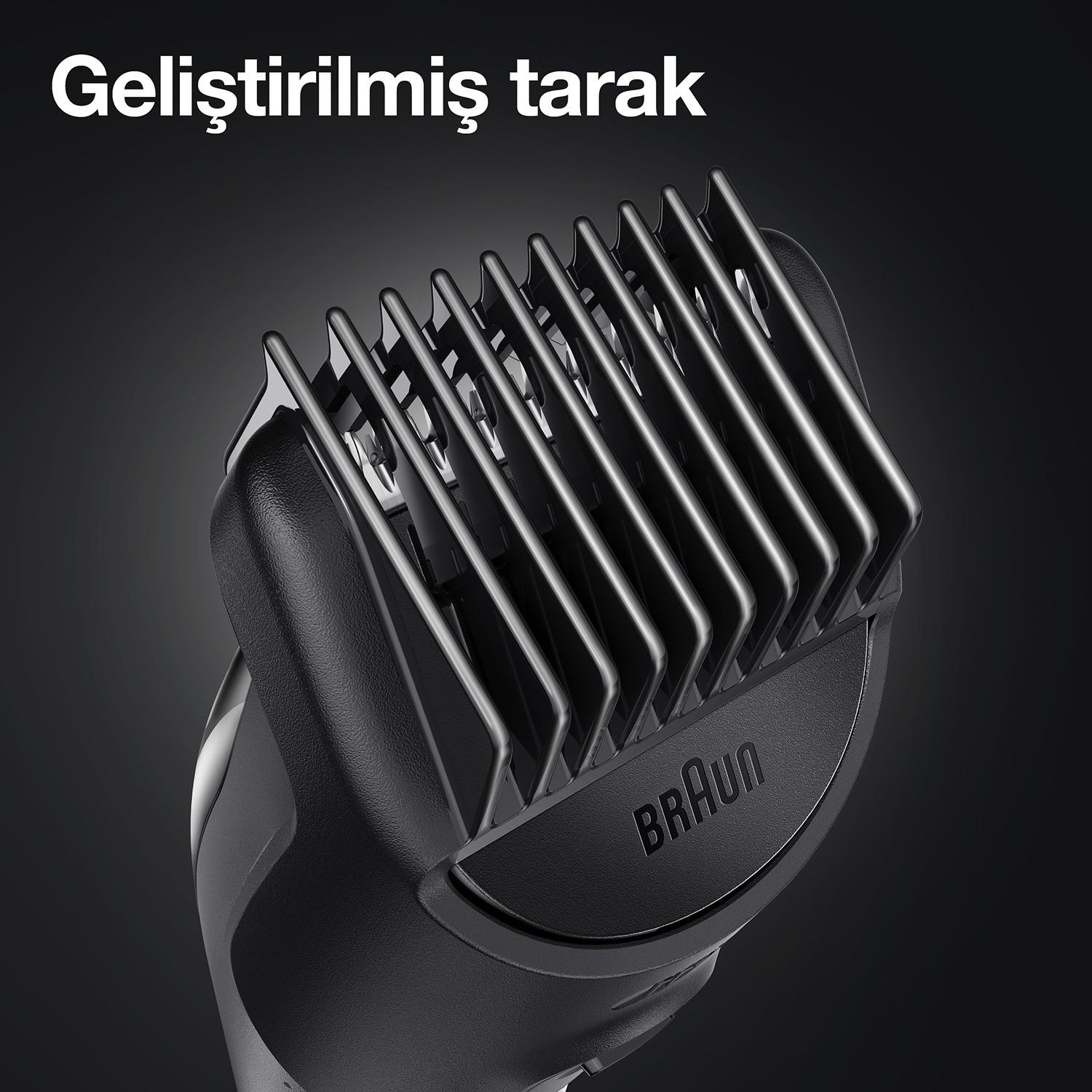 Siyah Braun sakal düzeltici başlığının yakın çekimi, bıçaklar görünür durumda. Üzerinde Braun yazısı var.