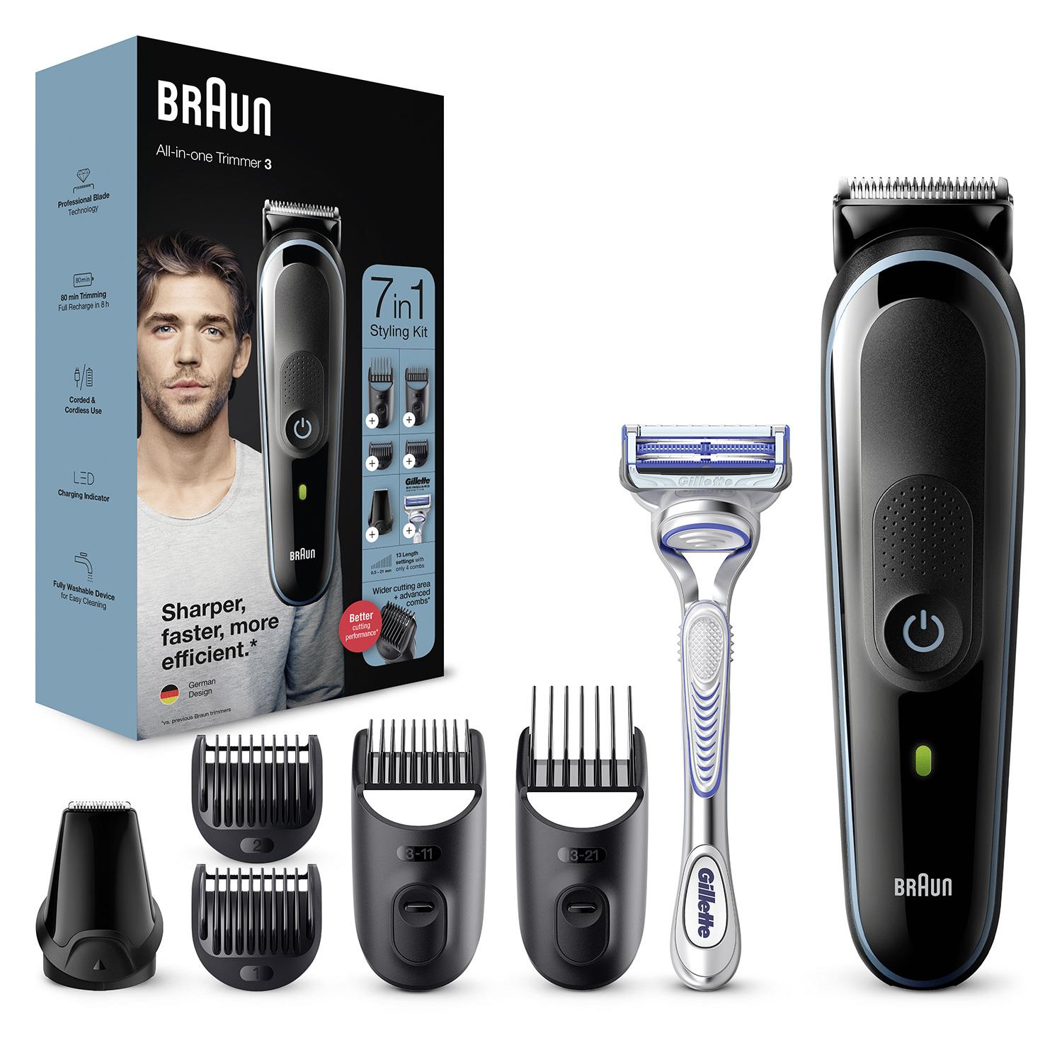 Braun All-in-one Trimmer 3 seti. Düzeltici, şarj standı, başlıklar ve bir tıraş makinesi içerir.