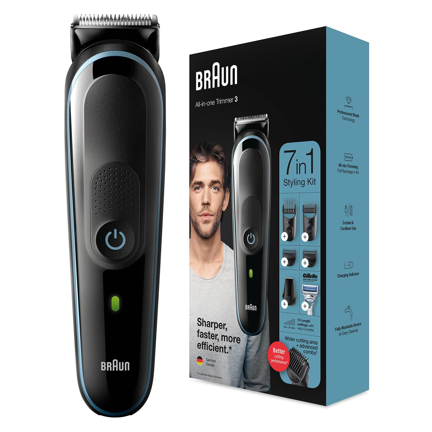 Braun hepsi bir arada düzeltici ve kutu. Düzeltici siyah ve mavi, kutuda bir adamın yüzü var.