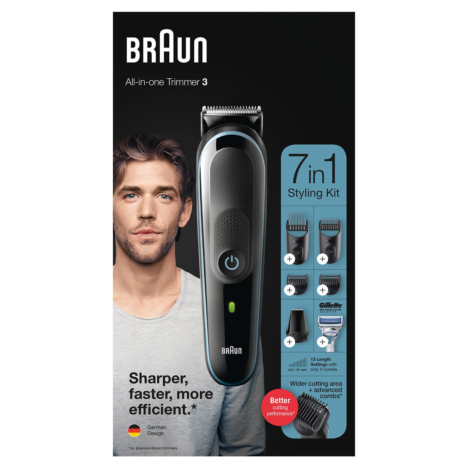 Braun düzeltici reklamı. Bir adamı ve 7'si 1 arada stil kitine sahip düzelticiyi gösteriyor.