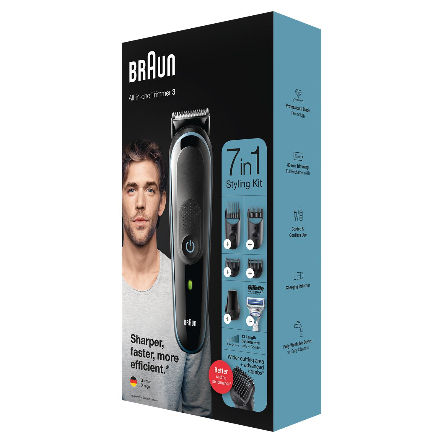 Braun tıraş makinesi kutusu, erkek fotoğrafı, tıraş makinesi ve aksesuarlar.
