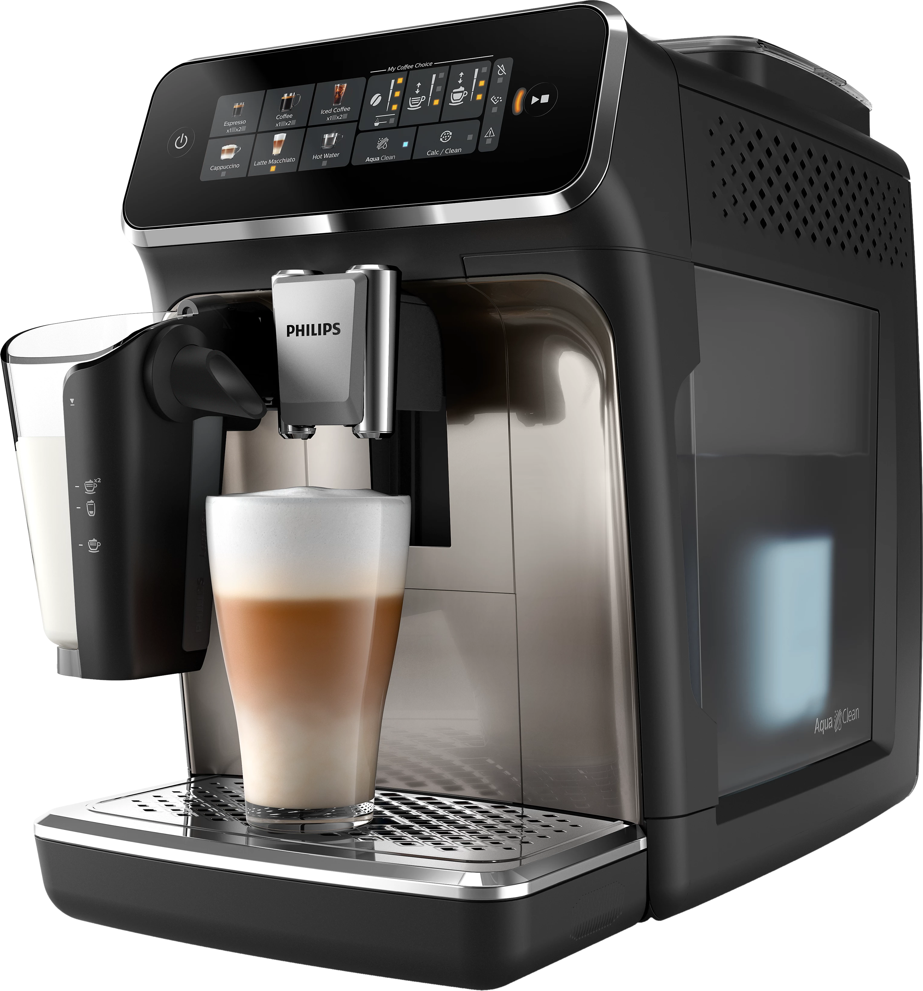 Macchina da caffè Philips nera e argento. Un bicchiere viene riempito con una bevanda al caffè a strati.