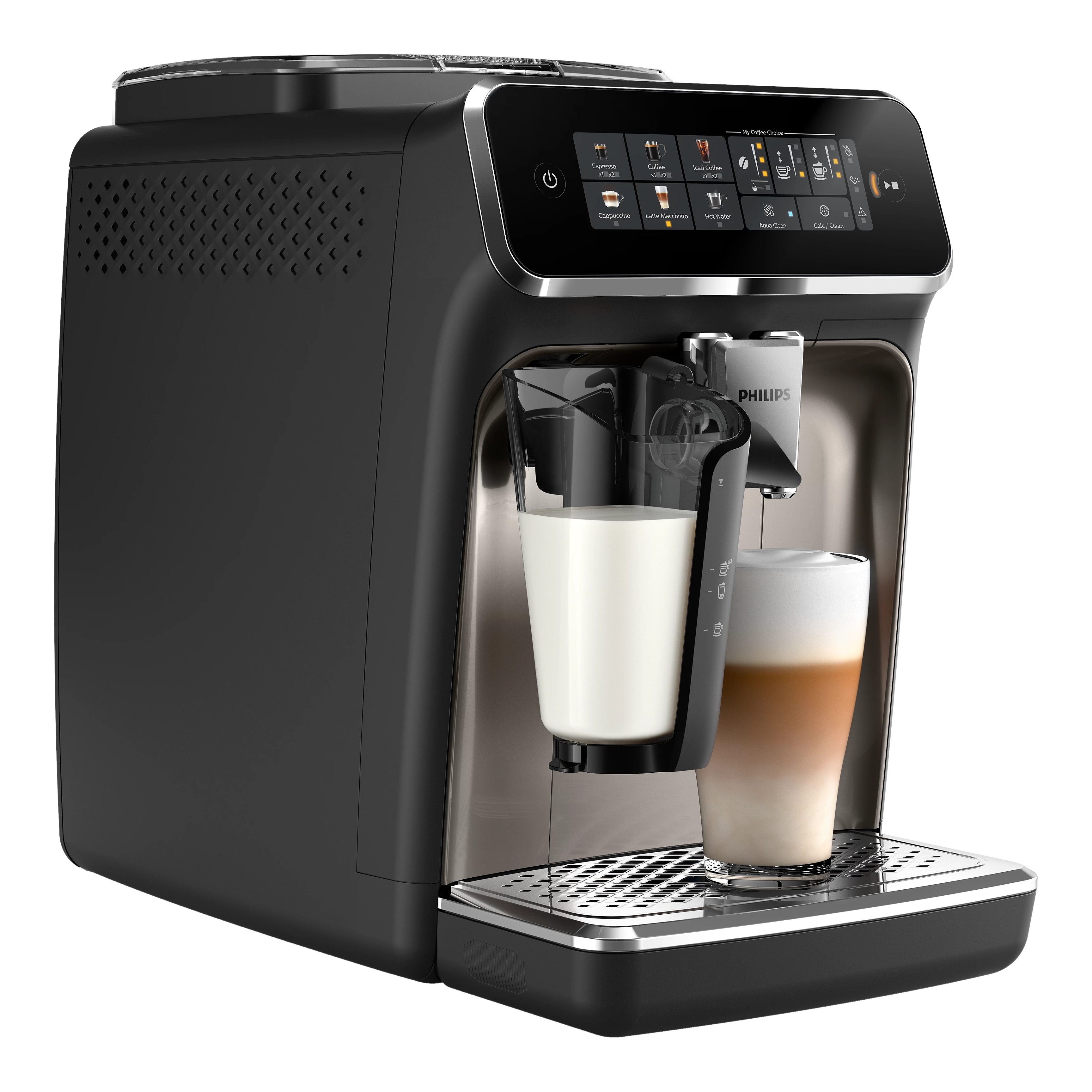 Caffettiera Philips nera con bicchieri di latte e latte macchiato, con display digitale.